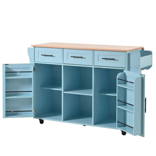 Îlot De Cuisine 139x46x91,5cm, 3 Tiroir, Porte-serviette, Plateau Pliable, Mdf, Couleur Bleu Et Bois