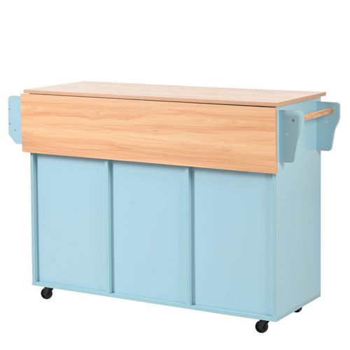 Îlot De Cuisine 139x46x91,5cm, 3 Tiroir, Porte-serviette, Plateau Pliable, Mdf, Couleur Bleu Et Bois