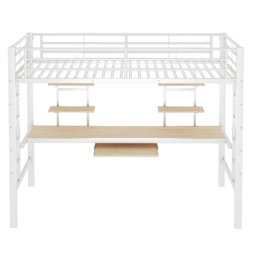 Lit Mezzanine 90x200 Cm Avec Bureau Et Étagères, Structure En Métal, Blanc