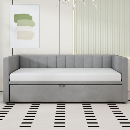 Lit Gigogne Lit Enfant 90/180x200 Cm Avec Sommiers, Multifonction, Velours Gris