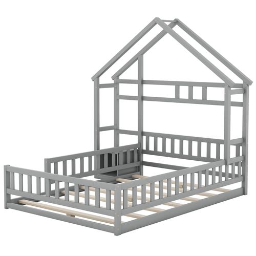 Lit Cabane Lit Enfant 140x200 Cm Avec Barrières Et Tables De Chevet Intégrées, Gris