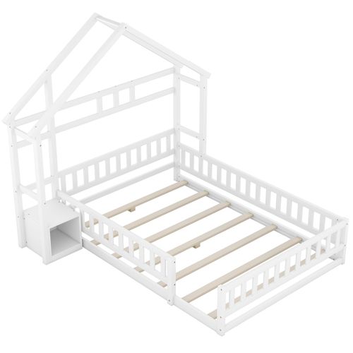 Lit Cabane Lit Enfant 140x200 Cm Avec Barrières Et Tables De Chevet Intégrées, Blanc