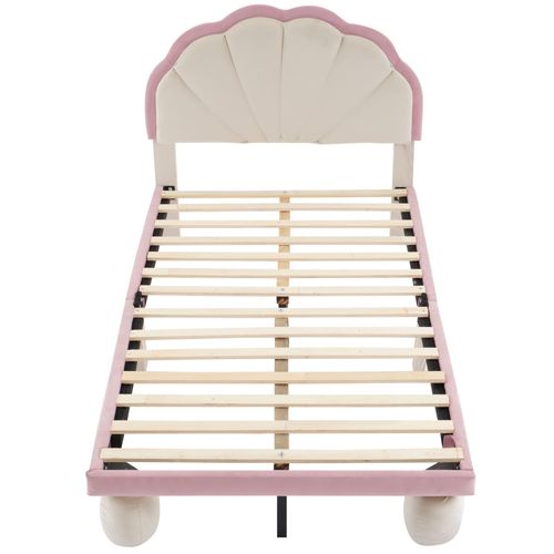 Lit Enfant 90x200 Cm Avec Bande LED Multicolore Et Tête De Lit Ondulée, Velours Beige Et Rose