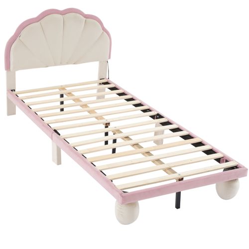 Lit Enfant 90x200 Cm Avec Bande LED Multicolore Et Tête De Lit Ondulée, Velours Beige Et Rose