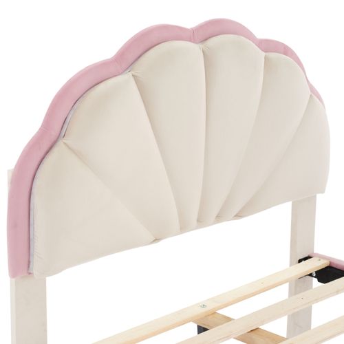 Lit Enfant 90x200 Cm Avec Bande LED Multicolore Et Tête De Lit Ondulée, Velours Beige Et Rose