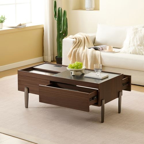 Table Basse Moderne Avec Tiroirs Et Plateau En Foncé Effet Marbre Verre, Pied En Métal, Bois Brun