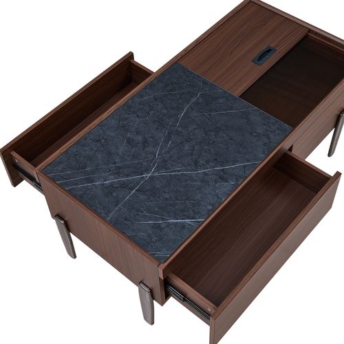 Table Basse Moderne Avec Tiroirs Et Plateau En Foncé Effet Marbre Verre, Pied En Métal, Bois Brun