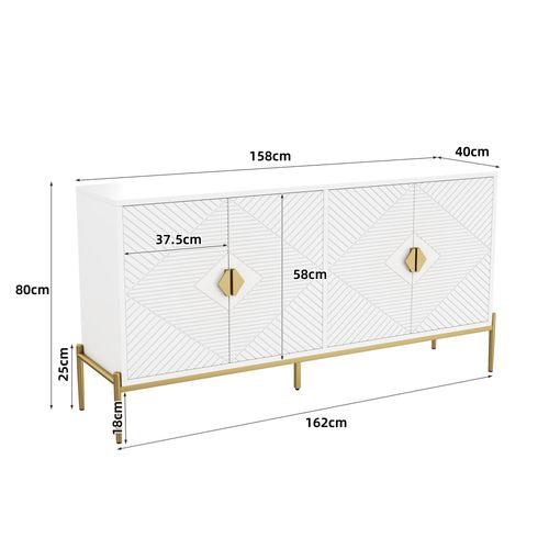 Buffet Moderne 162x40x80 Cm Avec 4 Portes, Poignées Dorées Et Pieds En Métal, Mdf Blanc