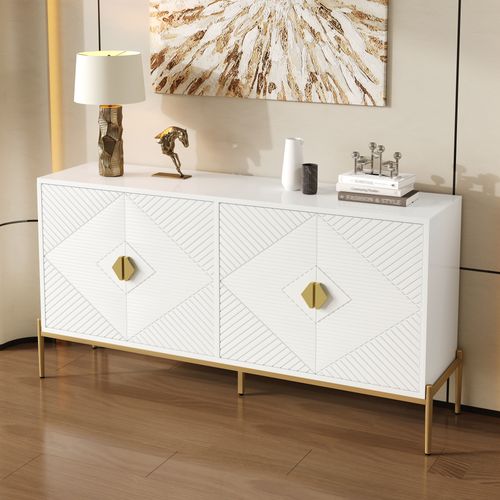 Buffet Moderne 162x40x80 Cm Avec 4 Portes, Poignées Dorées Et Pieds En Métal, Mdf Blanc