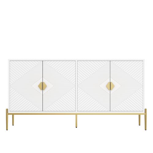 Buffet Moderne 162x40x80 Cm Avec 4 Portes, Poignées Dorées Et Pieds En Métal, Mdf Blanc