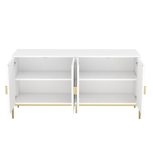 Buffet Moderne 162x40x80 Cm Avec 4 Portes, Poignées Dorées Et Pieds En Métal, Mdf Blanc