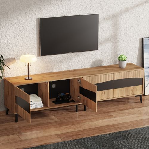 Meuble TV Bas à Poser 180x40x50 Cm Avec 4 Portes Et Huit Pieds, Aggloméré Naturel Et Noir