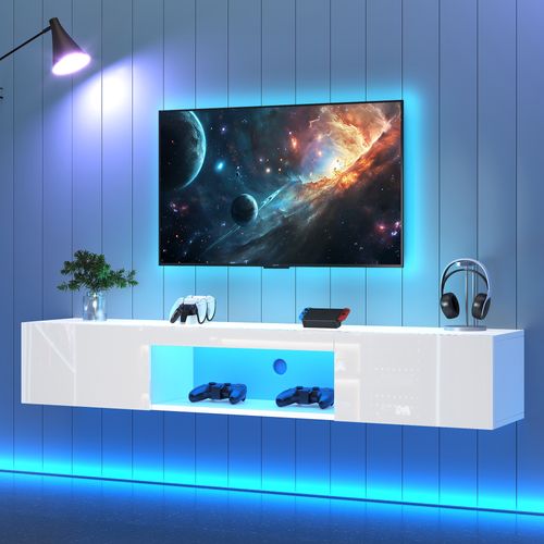 Meuble TV Bas à Accrocher 160x31x22 Cm Avec LED Contrôlé Par App Bluetooth Et 2 Portes, Blanc