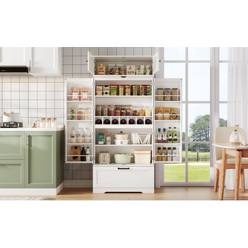 Buffet De Cuisine Avec Étagères Réglables, Tiroir, Casier à Bouteilles Et Portes à Étagères, Blanc