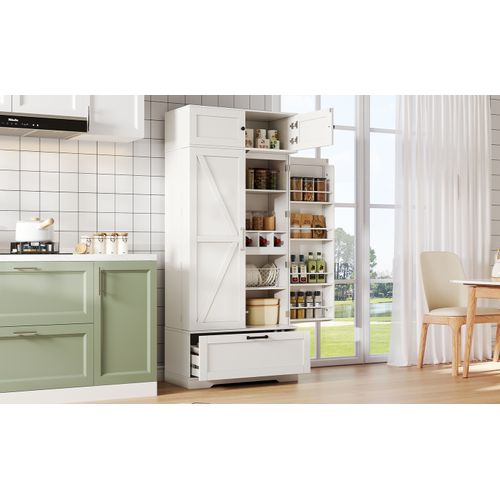 Buffet De Cuisine Avec Étagères Réglables, Tiroir, Casier à Bouteilles Et Portes à Étagères, Blanc