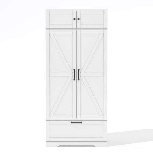 Buffet De Cuisine Avec Étagères Réglables, Tiroir, Casier à Bouteilles Et Portes à Étagères, Blanc