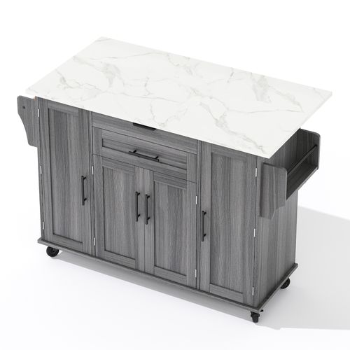 Îlot De Cuisine 136x70x92 Cm Avec Étagères Réglables, 2 Tiroirs, Étagère à Épices, Mdf Gris