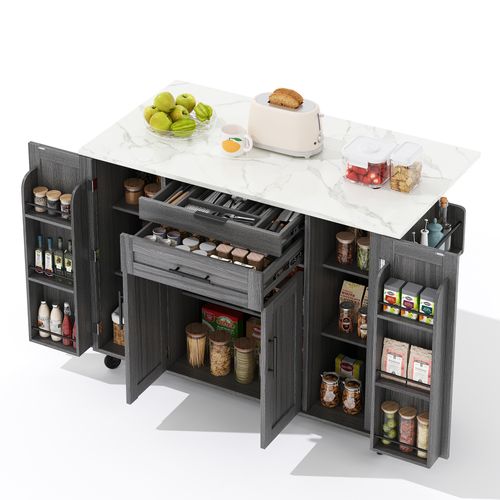Îlot De Cuisine 136x70x92 Cm Avec Étagères Réglables, 2 Tiroirs, Étagère à Épices, Mdf Gris