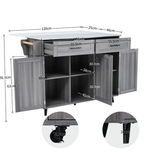 Buffet De Cuisine Rétractable 129x46(71)x91,5cm, Îlot Central, 2 Tiroirs, Mdf Gris Et Blanc