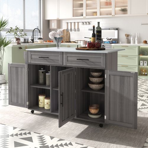 Buffet De Cuisine Rétractable 129x46(71)x91,5cm, Îlot Central, 2 Tiroirs, Mdf Gris Et Blanc