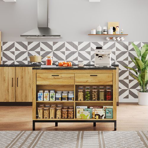 Buffet De Cuisine Moderne 120x75x90cm, Îlot De Cuisine, 2 Tiroirs, Motif Chêne, Mdf Naturel
