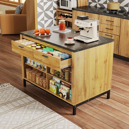 Buffet De Cuisine Moderne 120x75x90cm, Îlot De Cuisine, 2 Tiroirs, Motif Chêne, Mdf Naturel