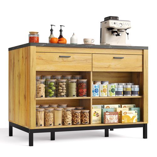 Buffet De Cuisine Moderne 120x75x90cm, Îlot De Cuisine, 2 Tiroirs, Motif Chêne, Mdf Naturel