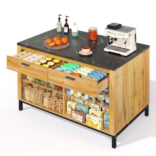 Buffet De Cuisine Moderne 120x75x90cm, Îlot De Cuisine, 2 Tiroirs, Motif Chêne, Mdf Naturel