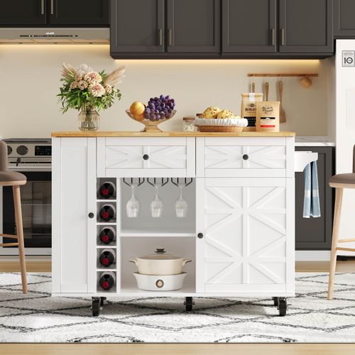 Buffet De Cuisine Rétractable Moderne 120x45(70)x89, Îlot De Cuisine, Tiroirs, Mdf, Balnc, Naturel