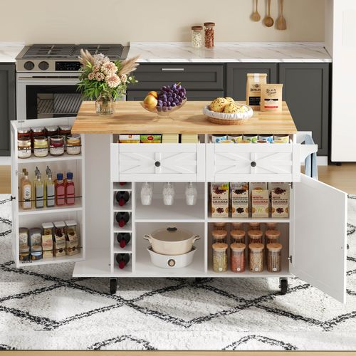 Buffet De Cuisine Rétractable Moderne 120x45(70)x89, Îlot De Cuisine, Tiroirs, Mdf, Balnc, Naturel