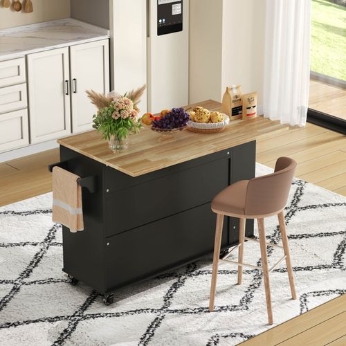 Buffet De Cuisine Rétractable Moderne 120x45(70)x89, Îlot De Cuisine, Tiroirs, Mdf, Noir, Naturel