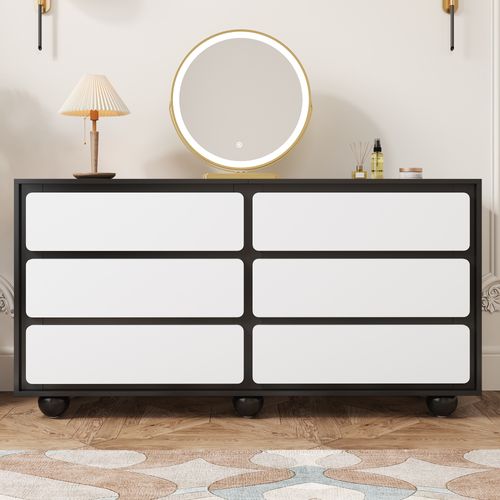 Commode 6 Tiroirs 140 Cm - Meuble Rangement Chambre Adulte, Bois, Dimensions L140 X P40 X H80 Cm