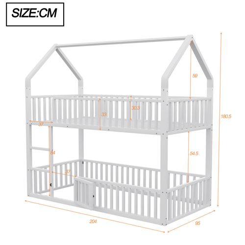 Lit Superposé 90x200cm Avec Escalier, 1 Sommier, Lit Cabane De Style Simple, En Métal Blanc