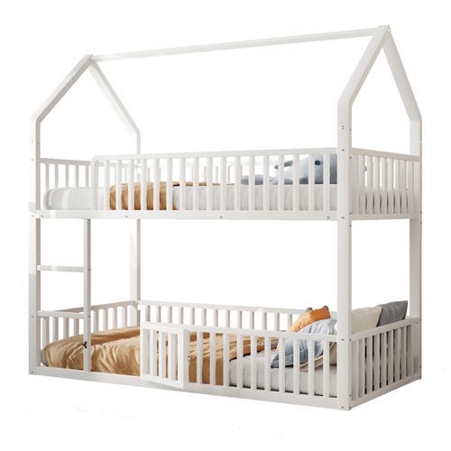 Lit Superposé 90x200cm Avec Escalier, 1 Sommier, Lit Cabane De Style Simple, En Métal Blanc