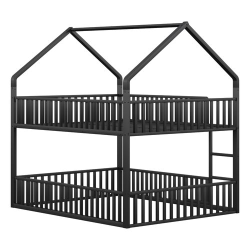 Lit Superposé 140x200cm Avec Escalier, 1 Sommier, Lit Cabane De Style Simple, En Métal Noir