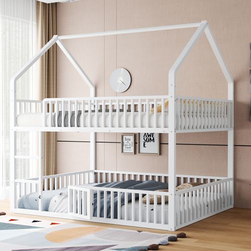 Lit Superposé 140x200cm Avec Escalier, 1 Sommier, Lit Cabane De Style Simple, En Métal Blanc