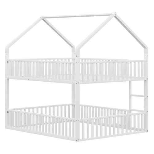 Lit Superposé 140x200cm Avec Escalier, 1 Sommier, Lit Cabane De Style Simple, En Métal Blanc