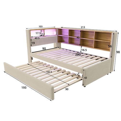 Lit Gigogne Moderne 90x190, Canapé-lit 90x200, LED, Prises Et Rangement, Flanelle Beige