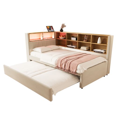 Lit Gigogne Moderne 90x190, Canapé-lit 90x200, LED, Prises Et Rangement, Flanelle Beige