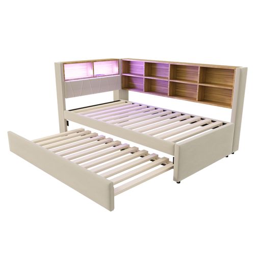 Lit Gigogne Moderne 90x190, Canapé-lit 90x200, LED, Prises Et Rangement, Flanelle Beige