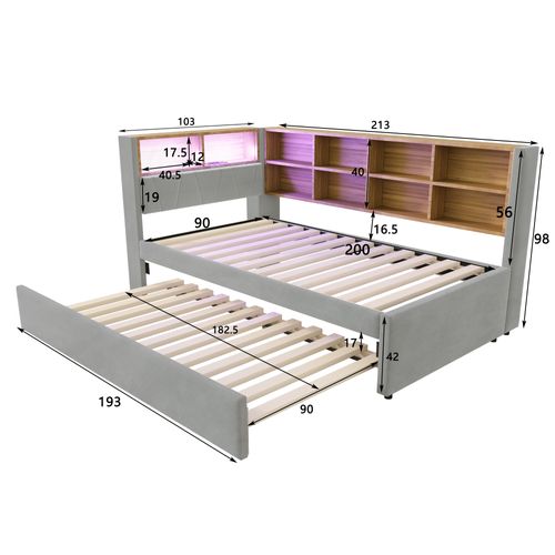 Lit Gigogne Moderne 90x190, Canapé-lit 90x200, LED, Prises Et Rangement, Flanelle Gris  Clair