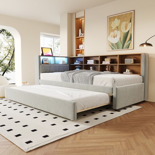 Lit Gigogne Moderne 90x190, Canapé-lit 90x200, LED, Prises Et Rangement, Flanelle Gris  Clair