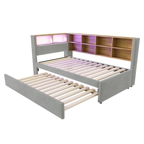 Lit Gigogne Moderne 90x190, Canapé-lit 90x200, LED, Prises Et Rangement, Flanelle Gris  Clair