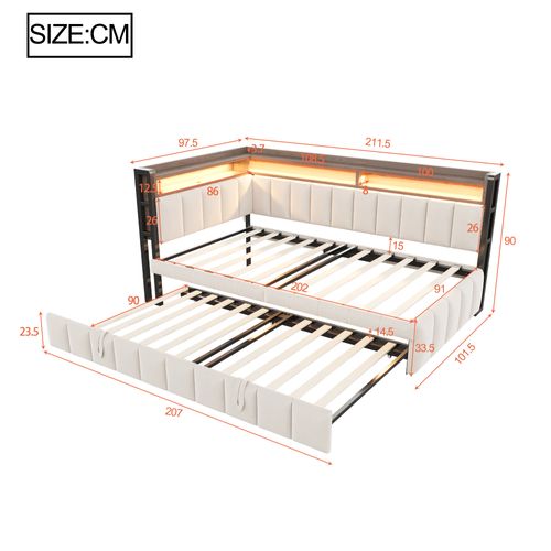 Lit Gigogne Moderne 90 X 190 Cm, Canapé-lit 90 X 200 Cm, LED, Prises Et Rangement, Velours Beige