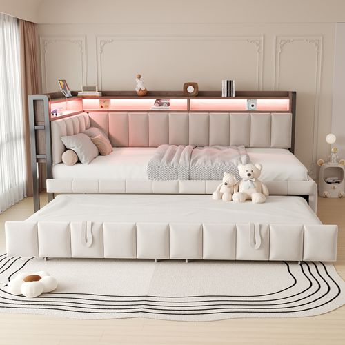 Lit Gigogne Moderne 90 X 190 Cm, Canapé-lit 90 X 200 Cm, LED, Prises Et Rangement, Velours Beige
