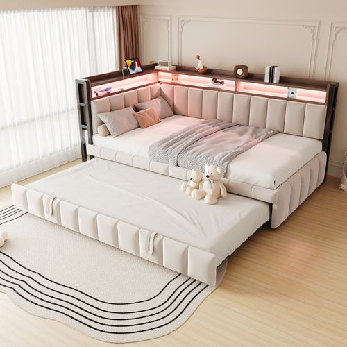 Lit Gigogne Moderne 90 X 190 Cm, Canapé-lit 90 X 200 Cm, LED, Prises Et Rangement, Velours Beige