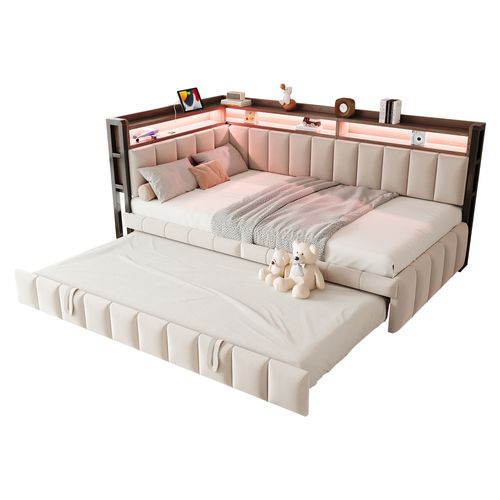 Lit Gigogne Moderne 90 X 190 Cm, Canapé-lit 90 X 200 Cm, LED, Prises Et Rangement, Velours Beige