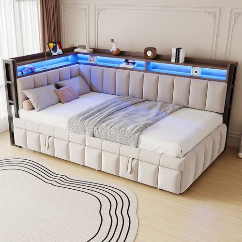 Lit Gigogne Moderne 90 X 190 Cm, Canapé-lit 90 X 200 Cm, LED, Prises Et Rangement, Velours Beige