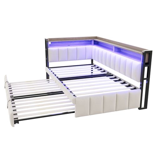 Lit Gigogne Moderne 90 X 190 Cm, Canapé-lit 90 X 200 Cm, LED, Prises Et Rangement, Velours Beige