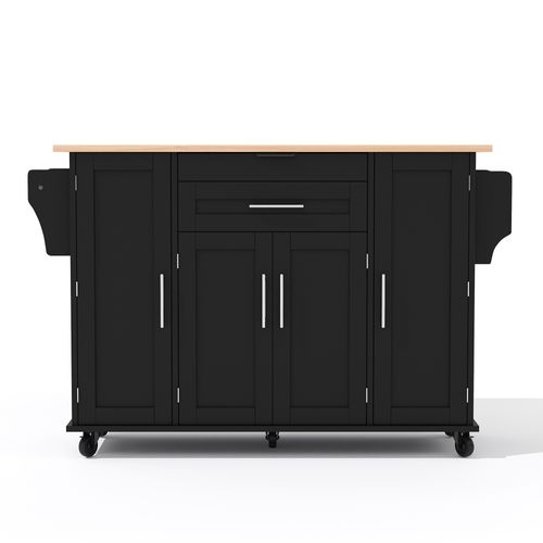 Îlot De Cuisine 136x70x92 Cm Avec Étagères Réglables, 2 Tiroirs, Étagère à Épices, Mdf Noir